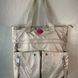 Juicy Couture Metallic Silver Nylon Tote Bag Zip Pockets Shoulder Travel Purse
